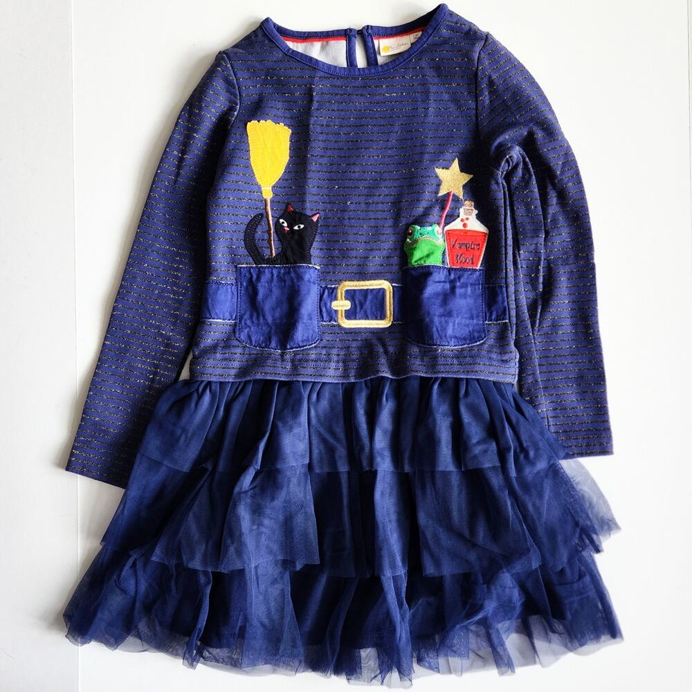 Mini Boden Halloween Witch Dress Tulle Blue Cat Frog Vampire Blood Girls 7-8Y